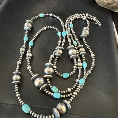 Native Navajo Sterling Silver Beads Blue Turquoise 72 in Necklace 19117