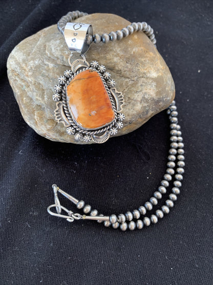 Sterling Silver Navajo Pearls Orange Spiny Oyster Pendant Necklace 00773