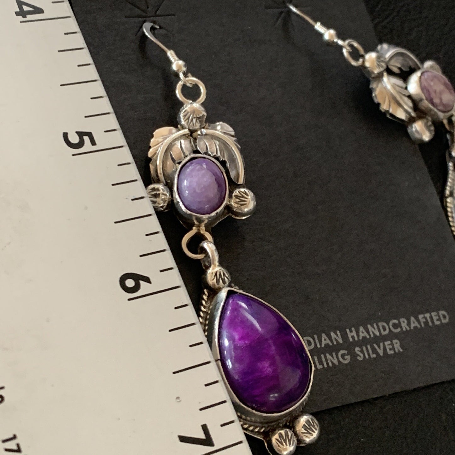 Purple Stone Navajo Sterling Silver Dangle Earrings 2" 12882