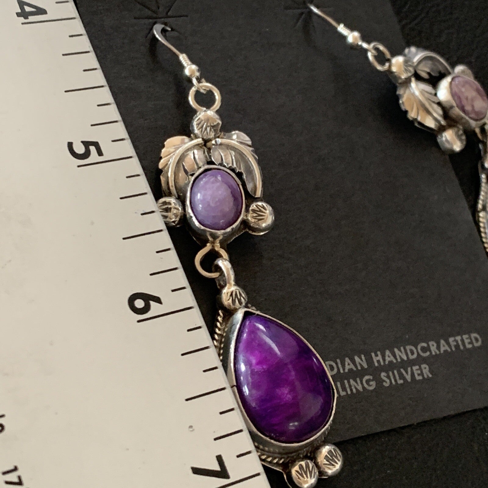 Purple Stone Navajo Sterling Silver Dangle Earrings 2" 12882