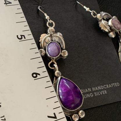 Purple Stone Navajo Sterling Silver Dangle Earrings 2" 12882