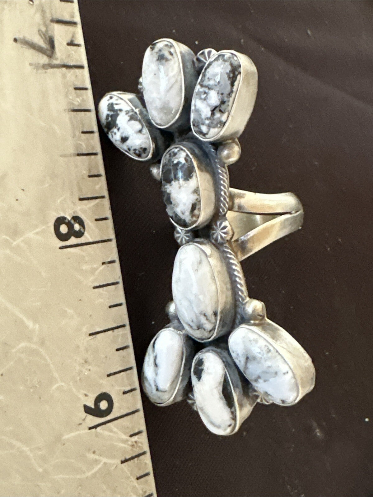 White Buffalo Turquoise Navajo Sterling Silver Cluster Ring Size 6.5 18623