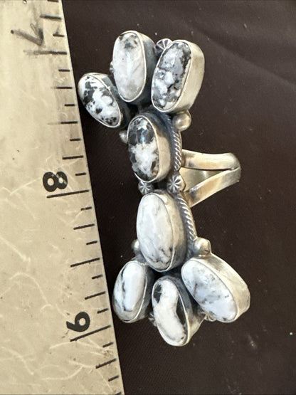 White Buffalo Turquoise Navajo Sterling Silver Cluster Ring Size 6.5 18623