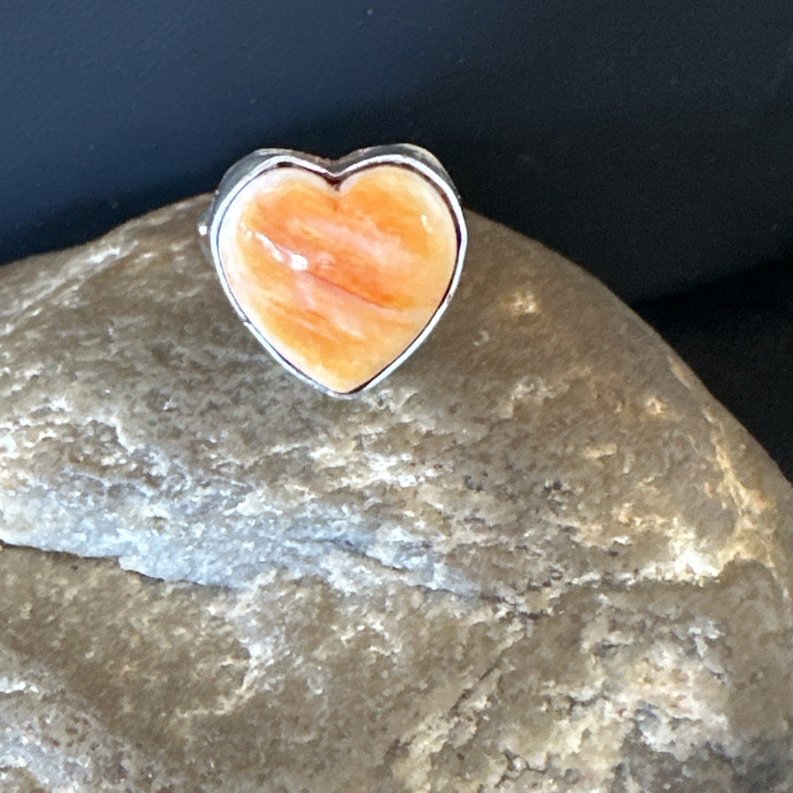 Orange Heart Ring Handmade Navajo Spiny Oyster Sterling Silver Sz 8 19327