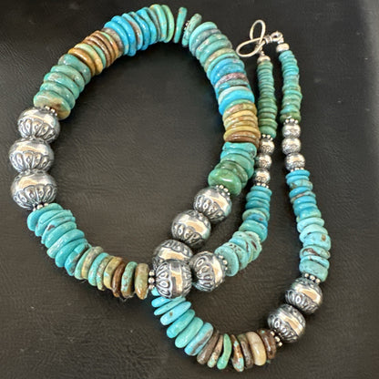 WoMens Blue Green Turquoise Navajo Sterling Silver Necklace 24” 19493