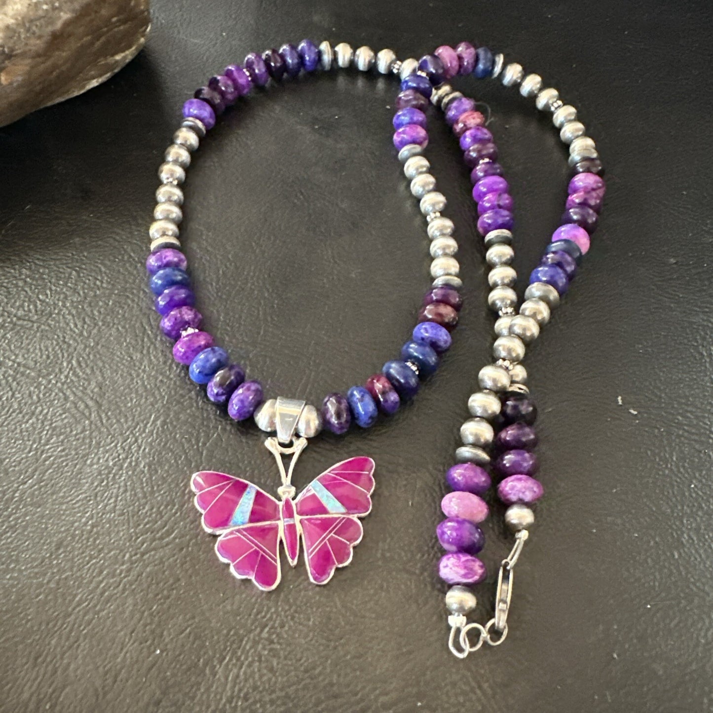 Butterfly Purple Stone Opal Pendant Navajo Sterling Silver Necklace 18732