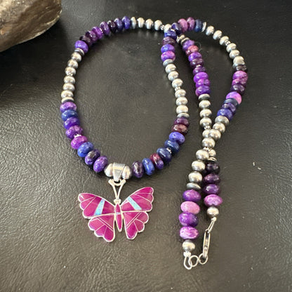 Butterfly Purple Stone Opal Pendant Navajo Sterling Silver Necklace 18732