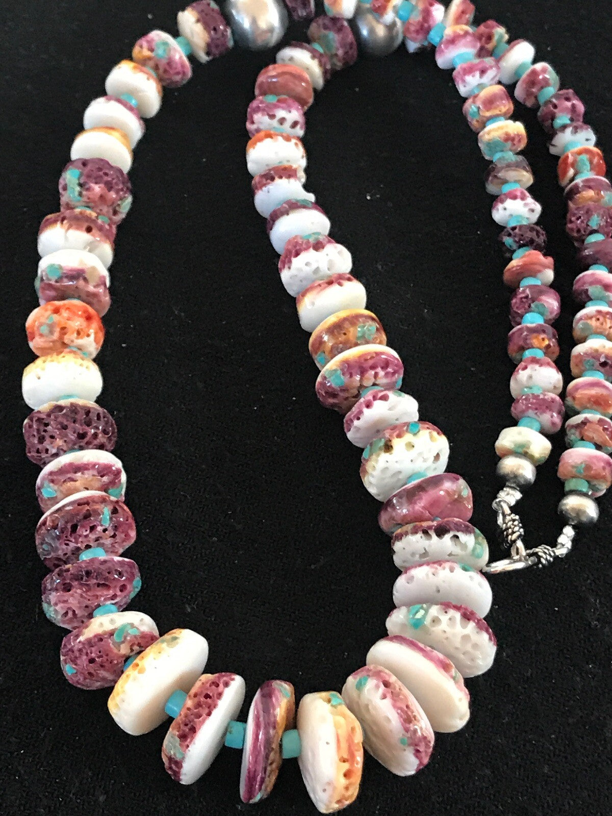 Purple Spiny Oyster & Turquoise Bead Navajo Sterling Silver Necklace 08439