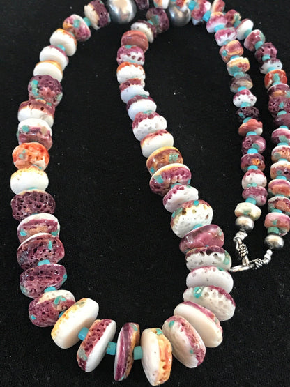 Purple Spiny Oyster & Turquoise Bead Navajo Sterling Silver Necklace 08439