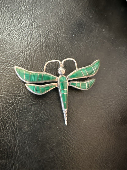 Rare Dragonfly Green Malachite Sterling Silver Inlay Pin 1.35” 19820