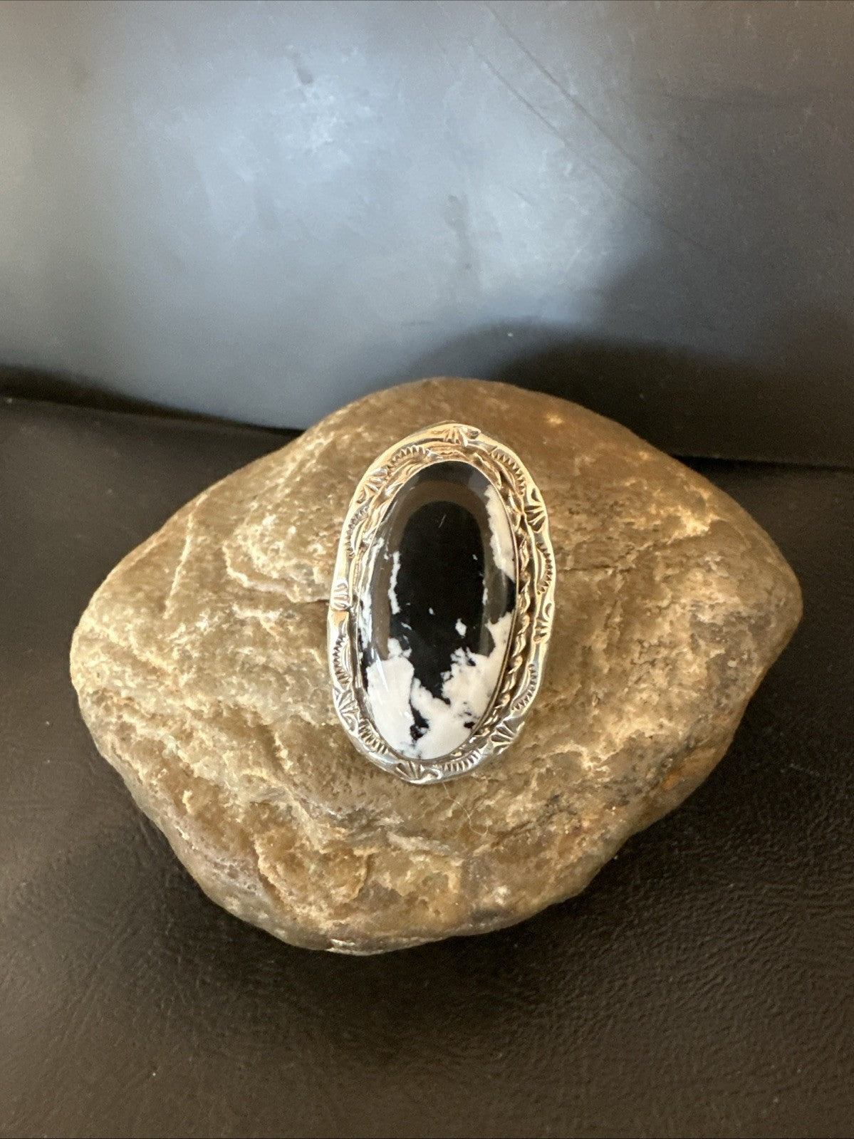Black White Buffalo Turquoise Navajo Sterling Silver Ring Size 9.5 19809