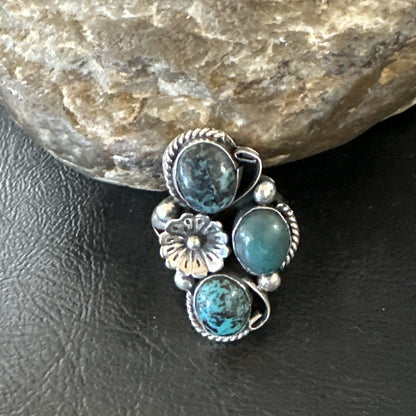 Yazzie Ring Blue Turquoise Navajo Sterling Silver Cluster Size 8.5 19238