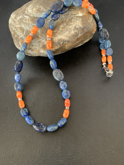 Mens Lapis Orange Spiny Oyster Navajo Pearls Sterling Silver Necklace 20" 01489