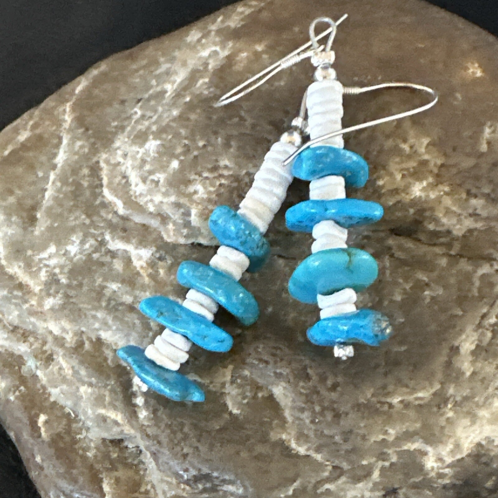 Navajo Blue Kingman Turquoise Nugget Bead Sterling Silver Earrings 17845