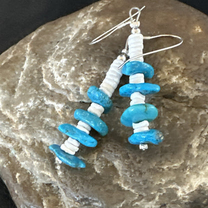 Navajo Blue Kingman Turquoise Nugget Bead Sterling Silver Earrings 17845