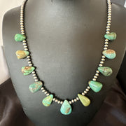 Navajo Pearls Silver Green Teardrop Turquoise Necklace | Authentic Native American Handmade | 19015