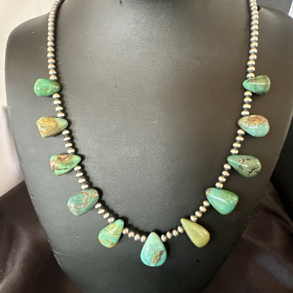 Navajo Pearls Silver Green Teardrop Turquoise Necklace | Authentic Native American Handmade | 19015