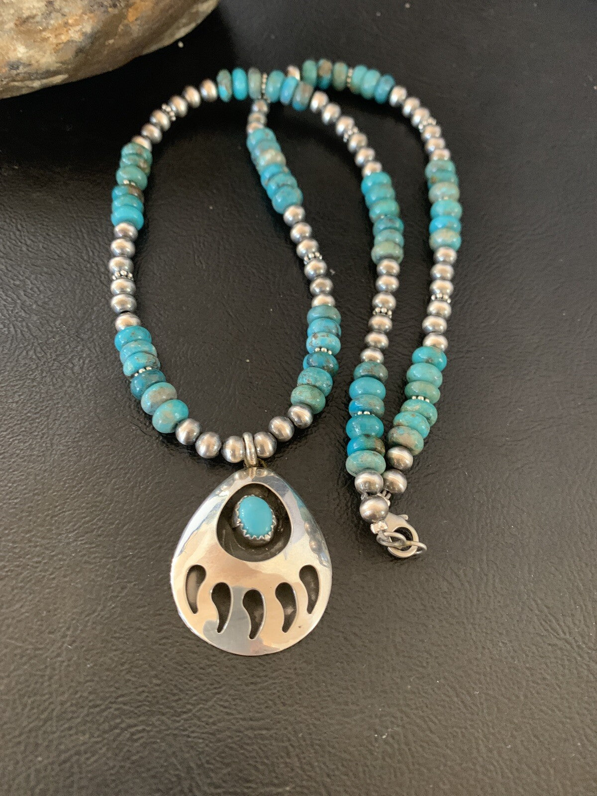 Bear Paw Navajo Sterling Silver Blue Kingman Turquoise Necklace Pendant 11693