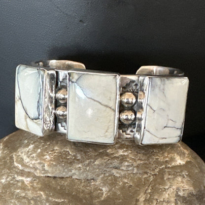 Mens Womens White Buffalo Turquoise Navajo Sterling Silver Cuff Bracelet 17946