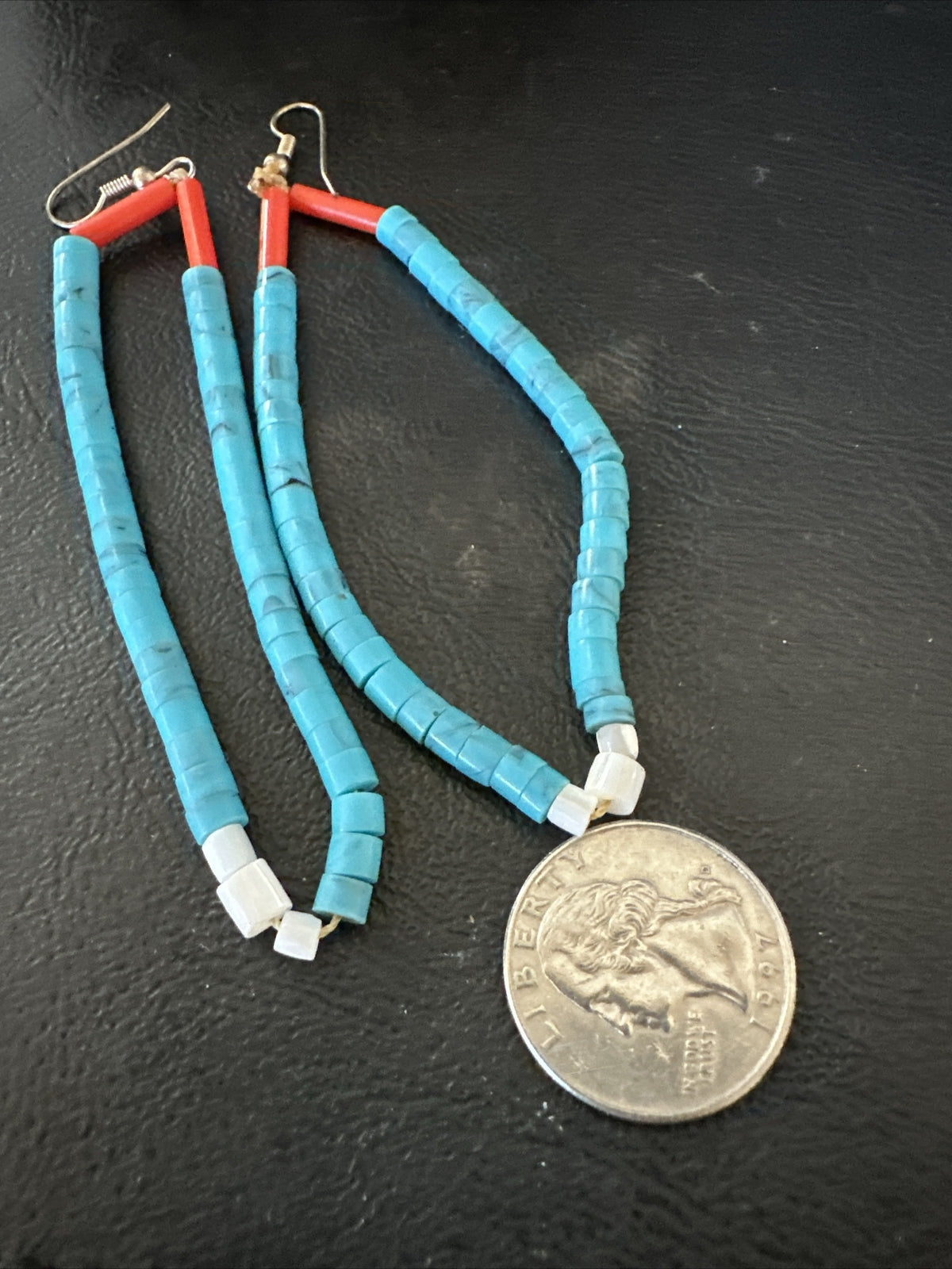 Blue Turquoise Coral Santo Domingo Sterling Silver Long Dangle Earrings 3" 17848