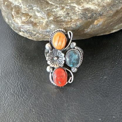 Multicolor Ring Turquoise Coral Spiny Navajo Sterling Silver Cluster Sz 10 19193