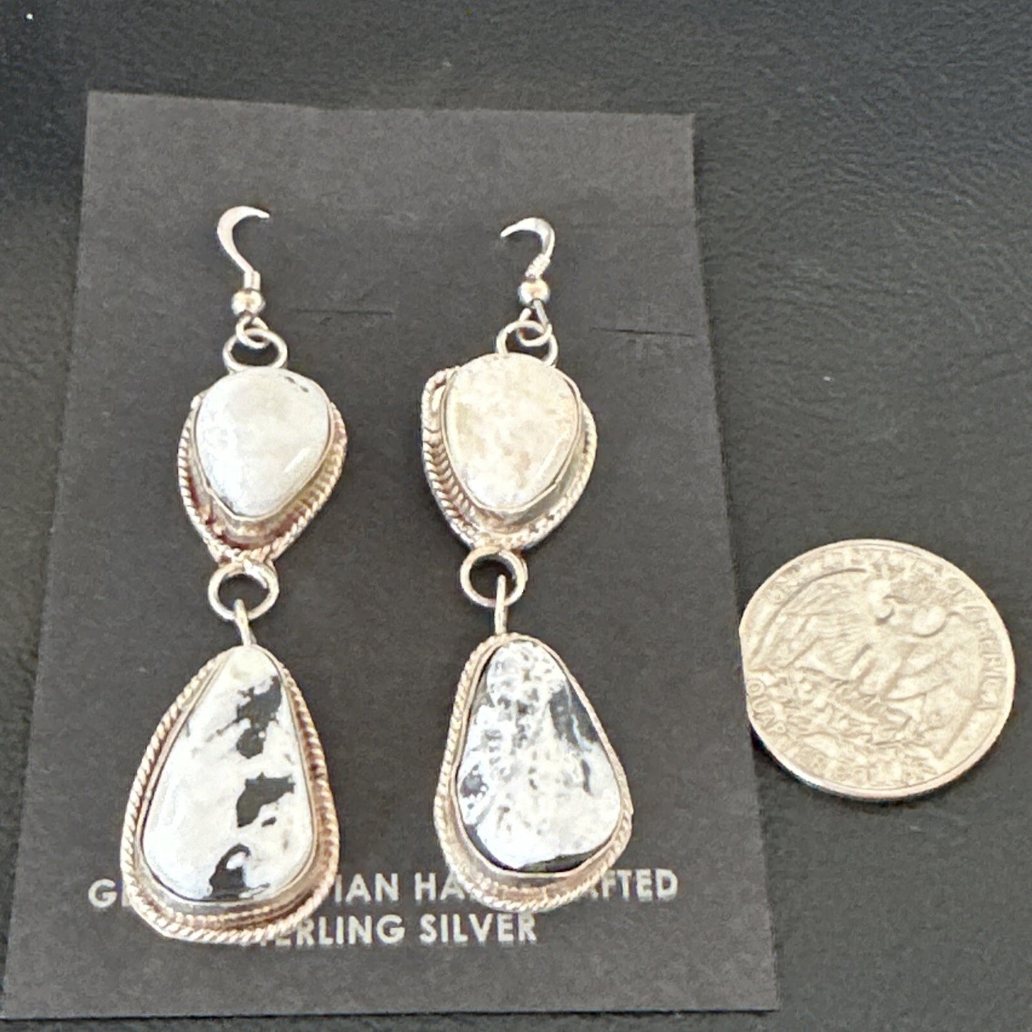 Womens White Buffalo Turquoise Navajo Sterling Silver Dangle Earrings 2” 17962