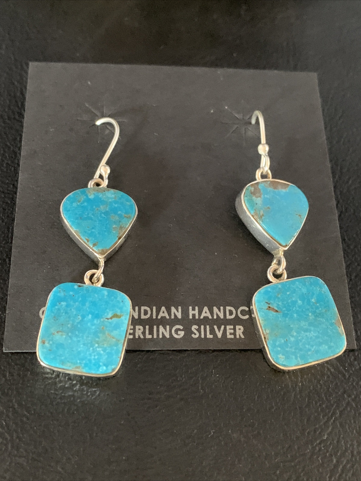 Blue Kingman Turquoise Navajo Sterling Silver Dangle Earrings 14074