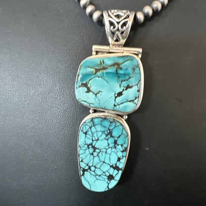 Blue Spiderweb Turquoise Pendant Navajo Pearls Sterling Silver Necklace 16008