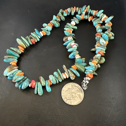 Green Turquoise Orange Spiny Oyster Nugget Sterling Silver Necklace 22” 18162
