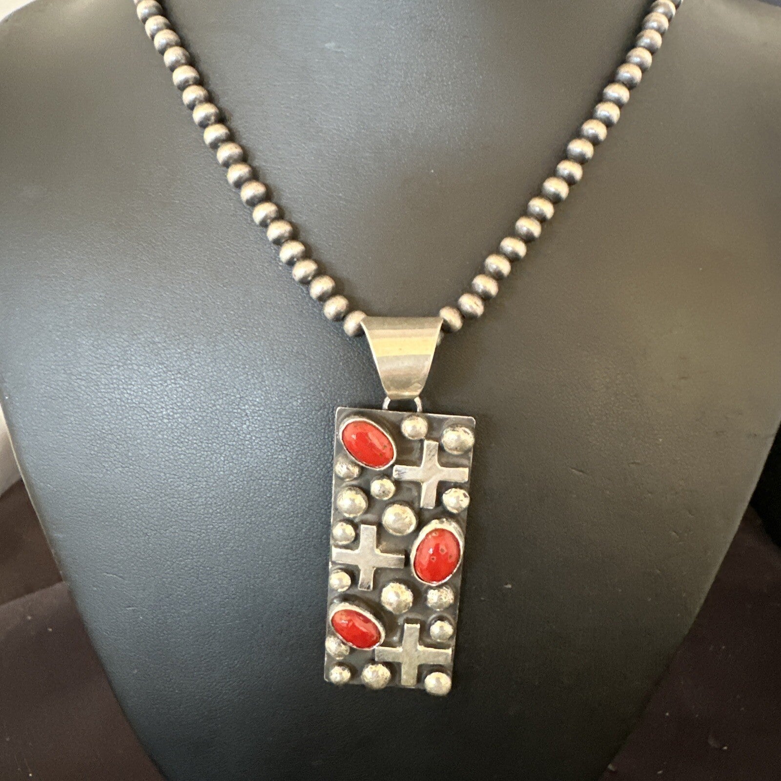 Navajo Pearls Red Coral Necklace Pendant 20” Native American 15909