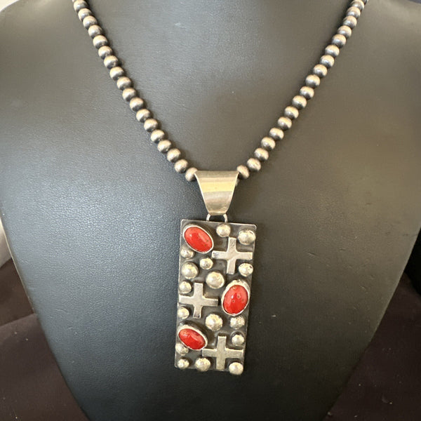 Navajo Pearls Red Coral Necklace Pendant 20" | Authentic Native American Handmade | 15909