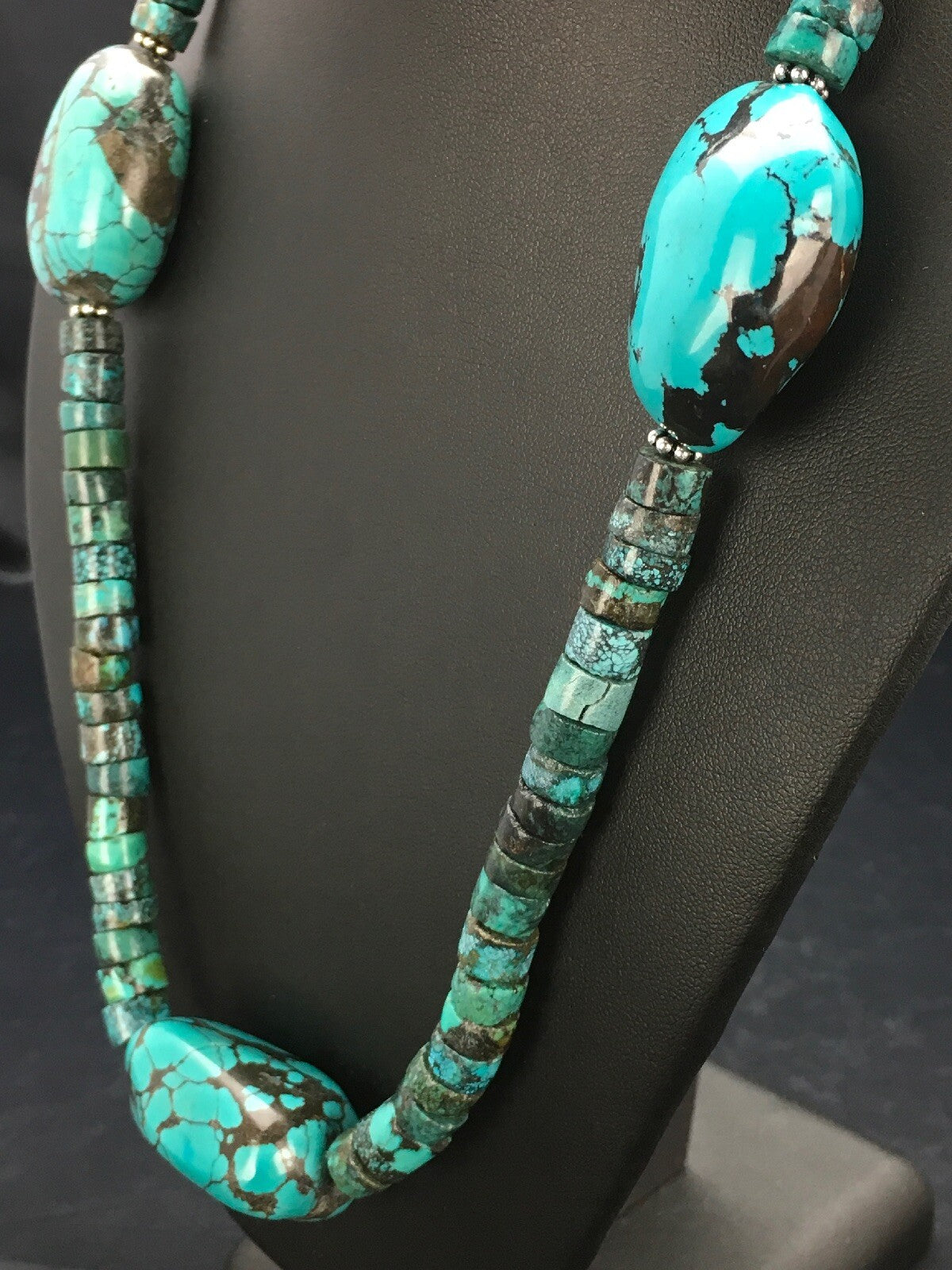 Spider Web Turquoise Heishi Navajo Sterling Silver Beads Necklace 21" 02960