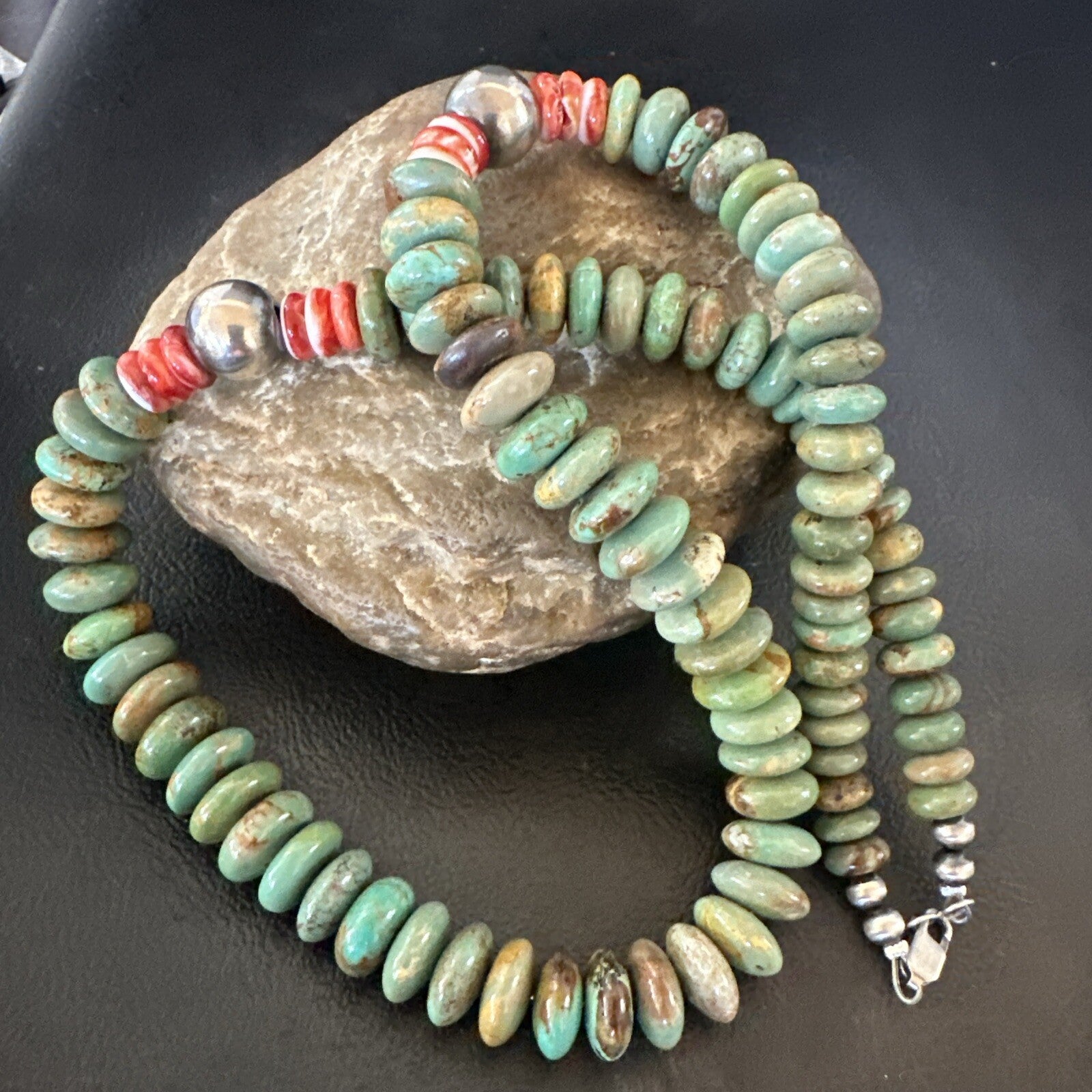 Green Turquoise Red Spiny Oyster Navajo Sterling Silver Necklace 21" 18360