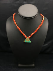 Kingman Turquoise Pendant Coral Brass Old Pawn Necklace 19" | Authentic Native American Handmade | 04030
