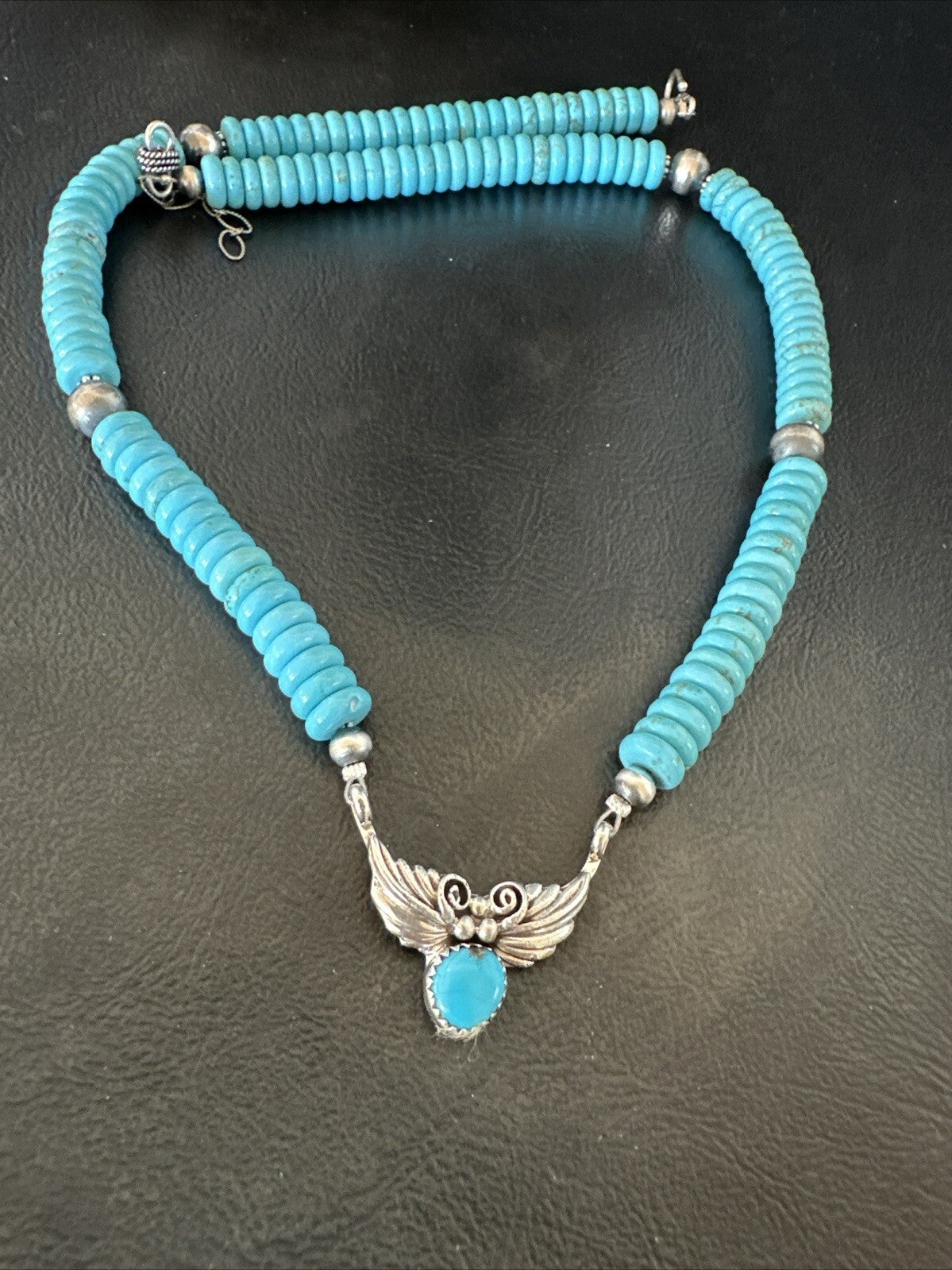 WoMens Blue Kingman Turquoise Pendant Navajo Sterling Silver Necklace 20” 18167