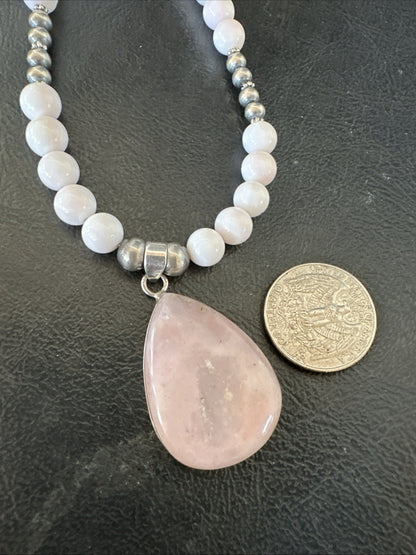Southwestern Sterling Silver Pink Queen Conch Bead Necklace Pendant 20" 19583