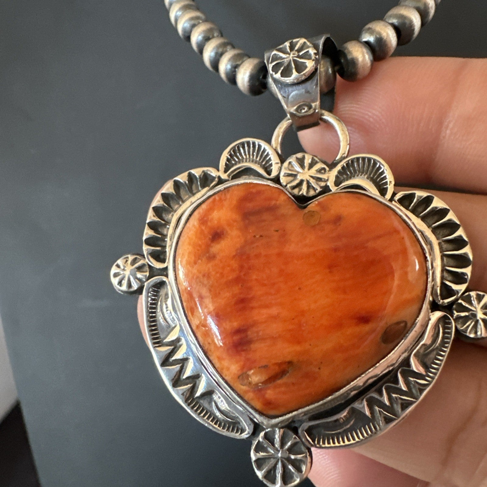 H Joe Orange Spiny Oyster Heart Pendant Navajo Sterling Silver Necklace 19482