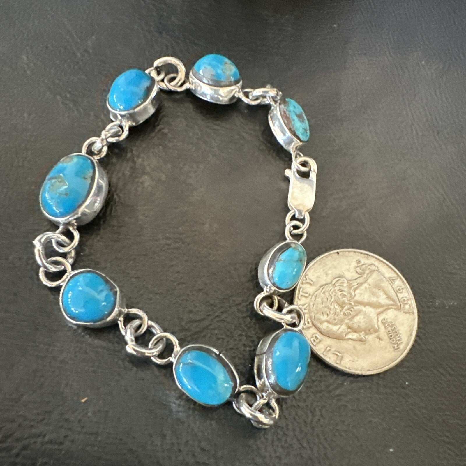 Blue Kingman Turquoise Navajo Sterling Silver Link Bracelet 8” 18301