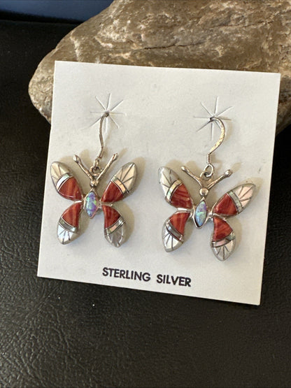 Butterfly Multicolor Red Spiny MOP Inlay Sterling Silver Earrings 19817