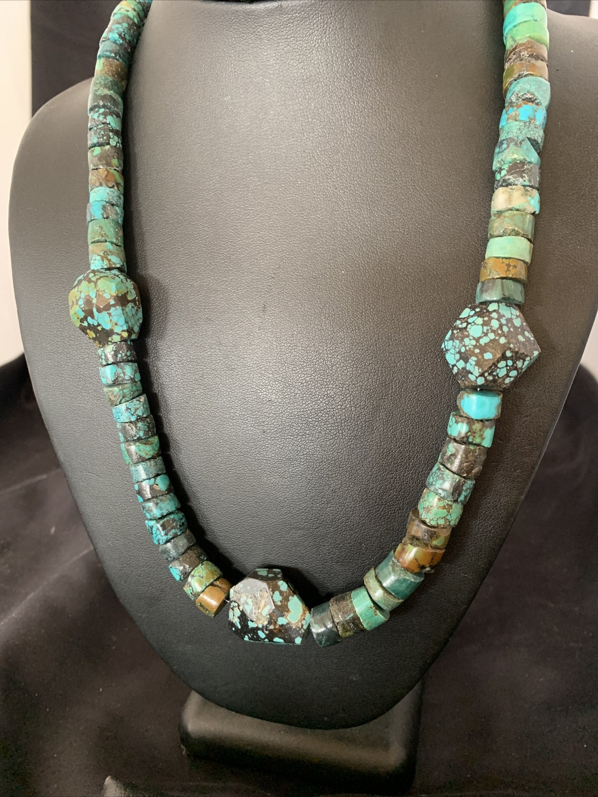Men Chunky Spiderweb Turquoise Heishi Navajo Sterling Silver Necklace 21” 124505