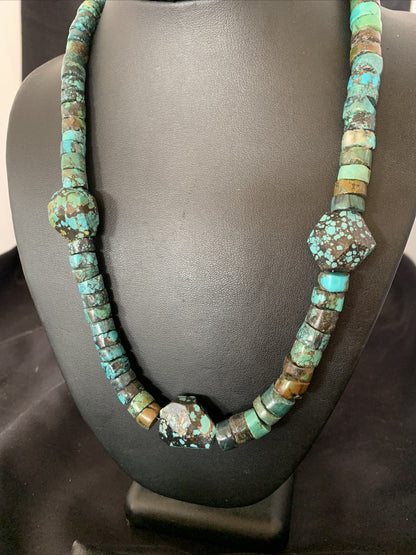 Men Chunky Spiderweb Turquoise Heishi Navajo Sterling Silver Necklace 21” 124505
