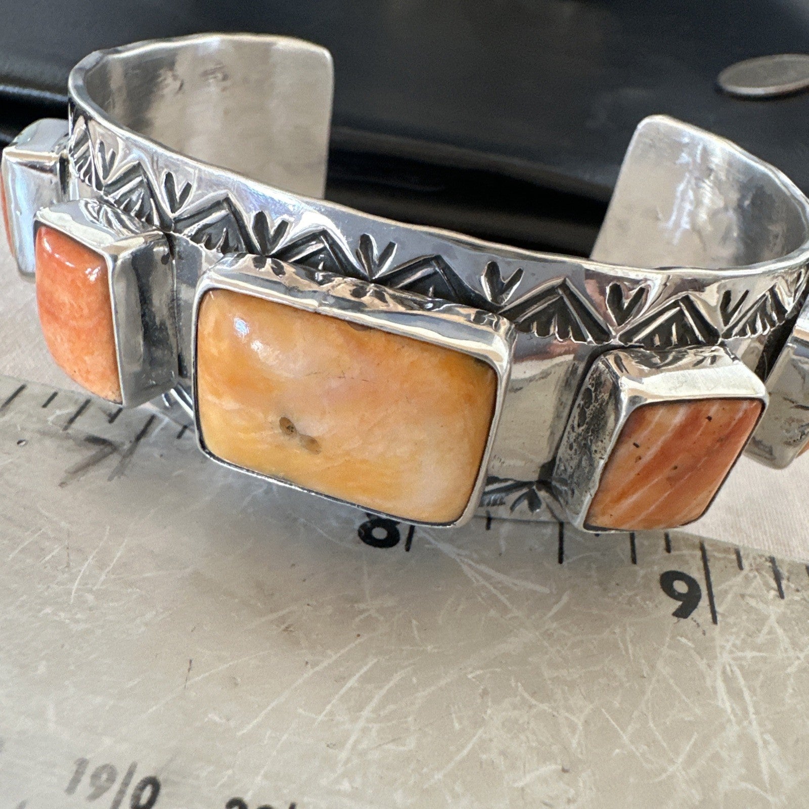 Orange Spiny Oyster 5 Stone Row Sterling Silver Navajo Cuff Bracelet 7.7" 19478