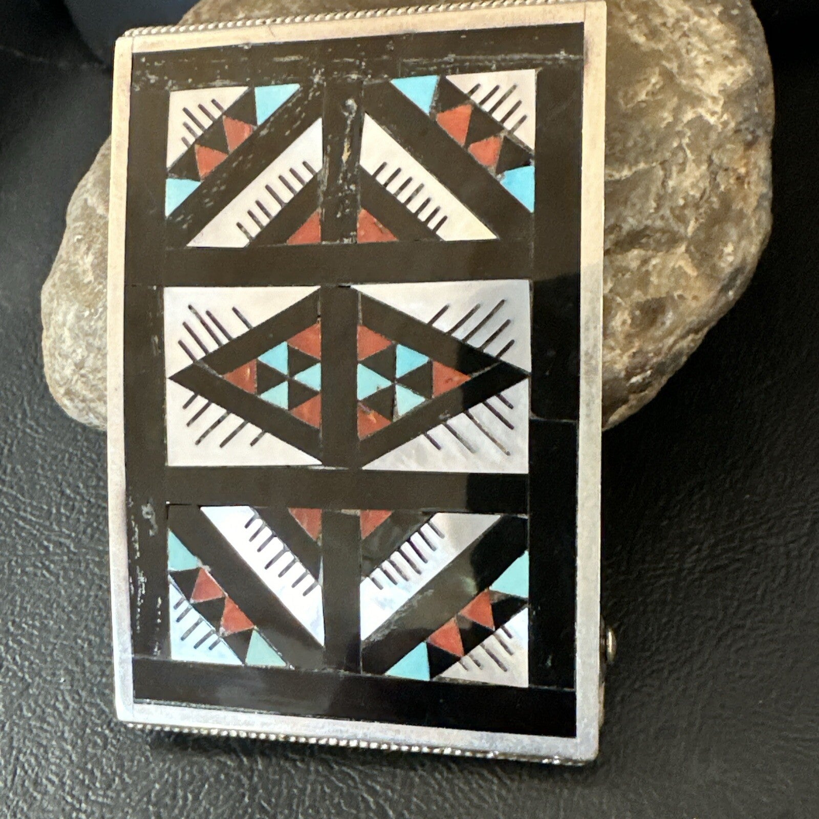 Zuni Black Onyx Belt Buckle Ranger Set Turquoise MOP Coral Sterling Silver 18141