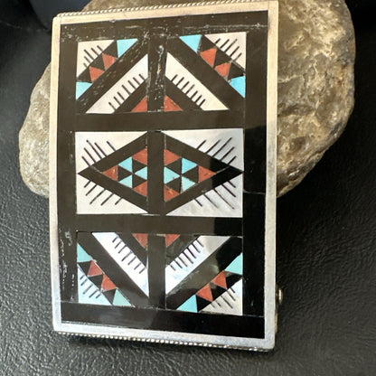 Zuni Black Onyx Belt Buckle Ranger Set Turquoise MOP Coral Sterling Silver 18141