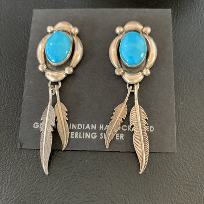 Native Womens Nugget Sterling Silver Blue Turquoise Dangle Earrings 2.5" 13018