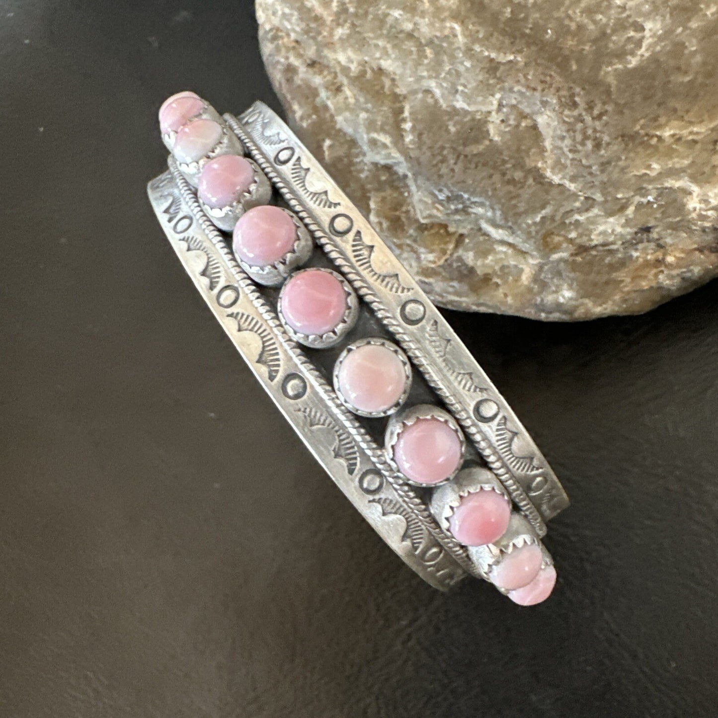 Navajo Pink Conch Cluster Sterling Silver Cuff Bracelet 18854