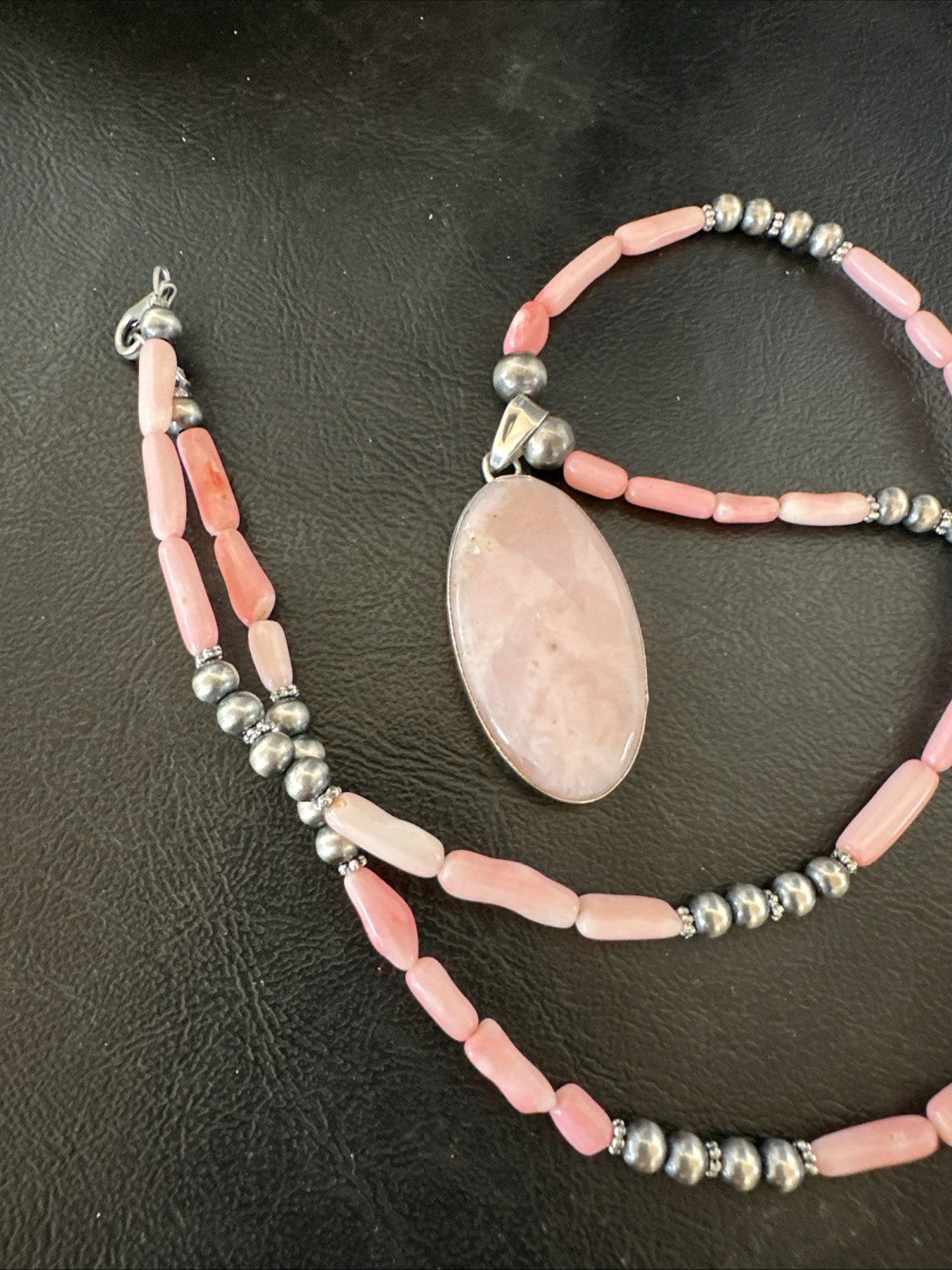 Southwestern Sterling Silver Pink Coral Bead Necklace Quartz Pendant 24" 19586