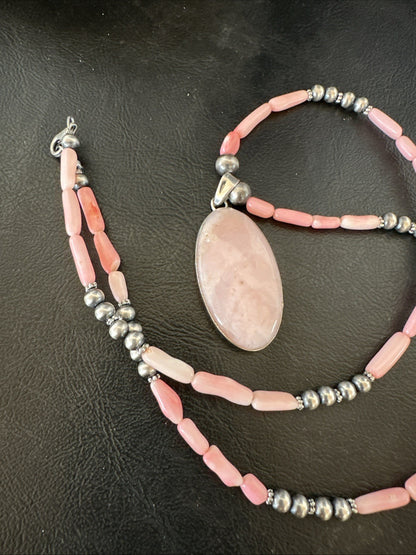 Southwestern Sterling Silver Pink Coral Bead Necklace Quartz Pendant 24" 19586