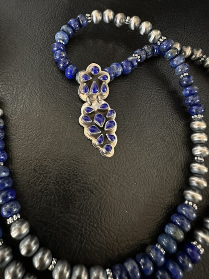 Mens Womens Blue Lapis Navajo Sterling Silver Cluster Pendant Necklace 21”18340