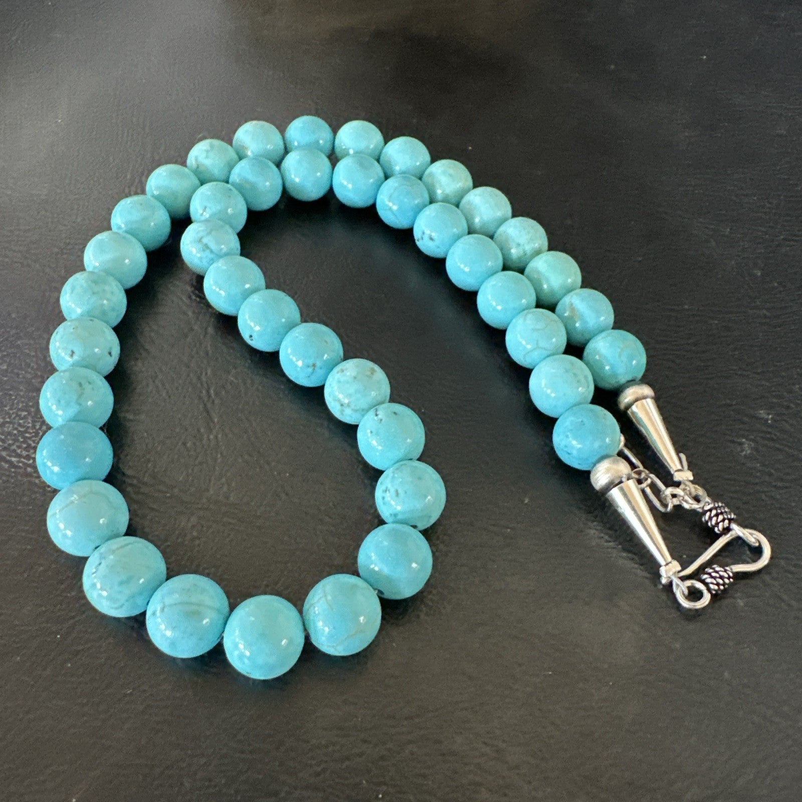 Blue Turquoise 10mm Round Bead Southwestern Sterling Silver Necklace 18” 19402